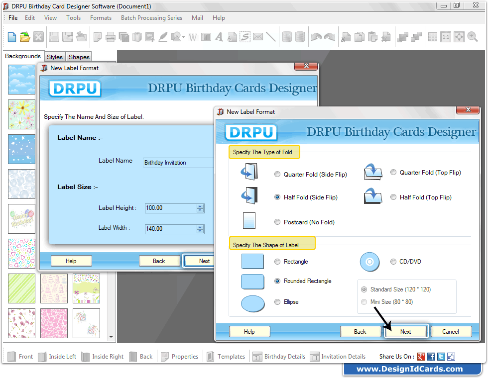 Specify name and size of label Specify name and size of label