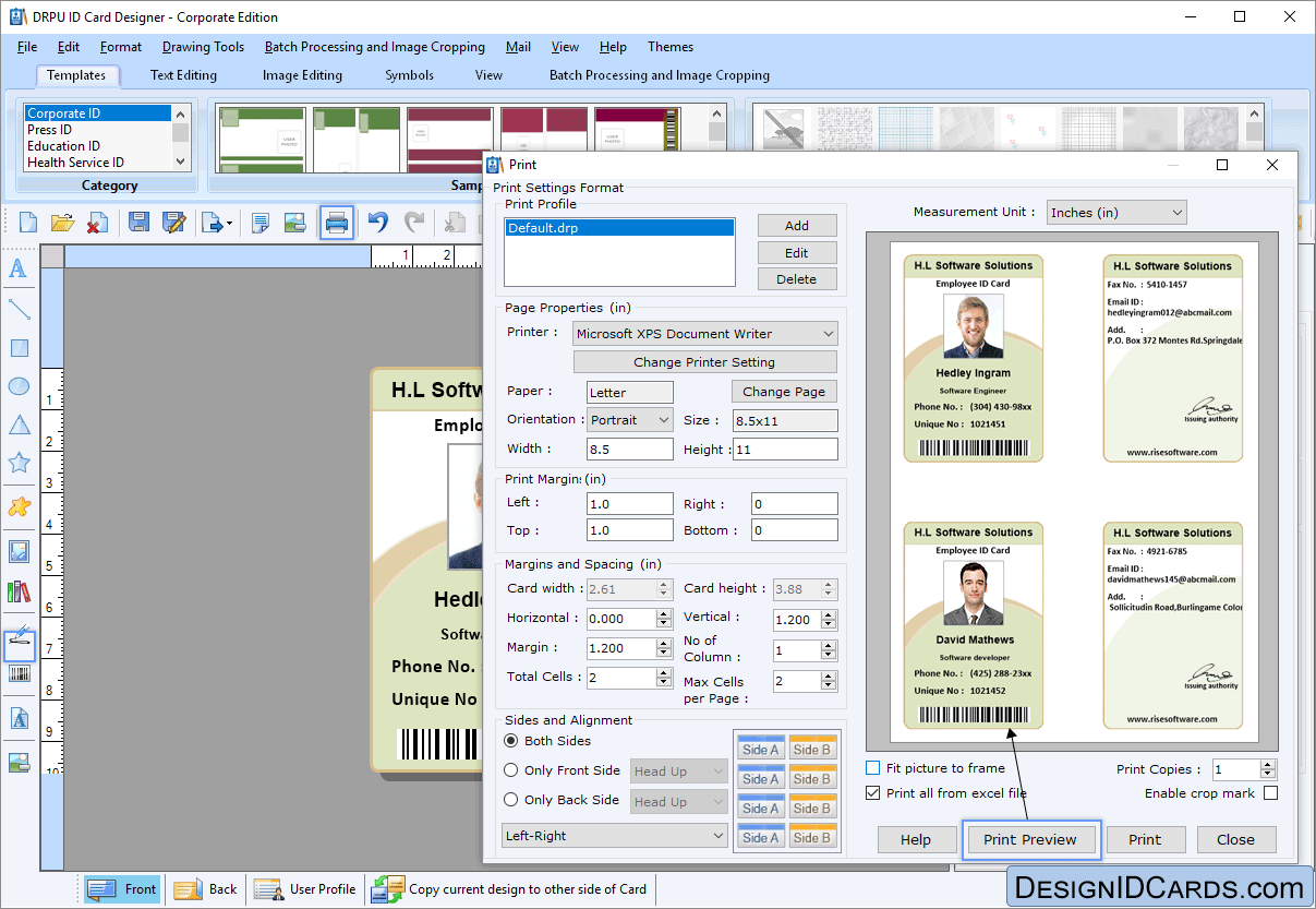 Print Settings ID Card - Corporate Edition