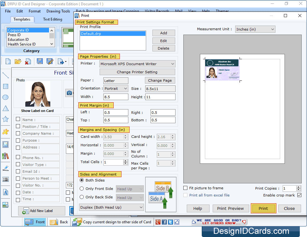 Print Settings ID Card - Corporate Edition