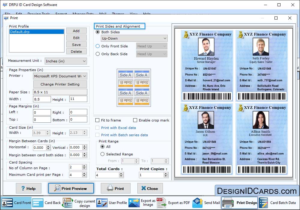 Print preview of multiple ID cards