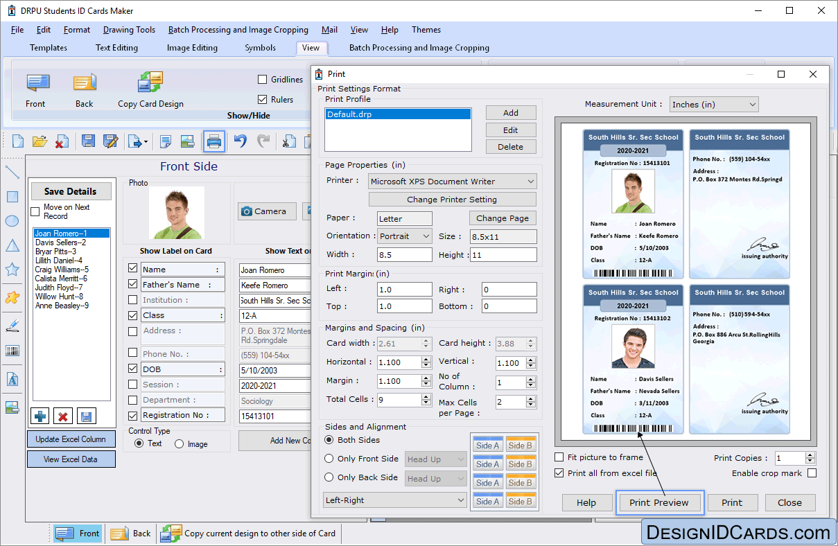 Print Settings Student ID Card Maker