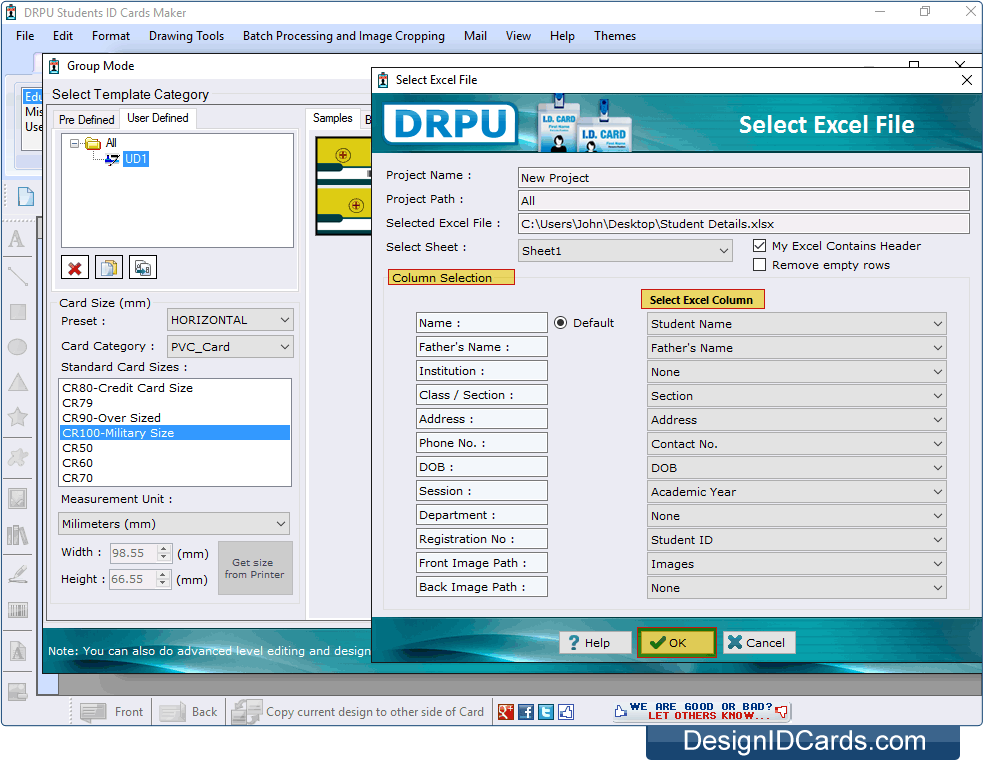 Select Excel Column Student ID Card Maker