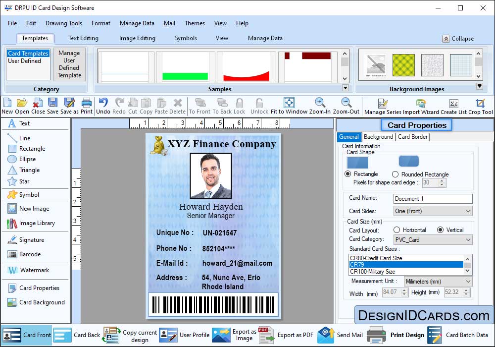 Designed id card Properties