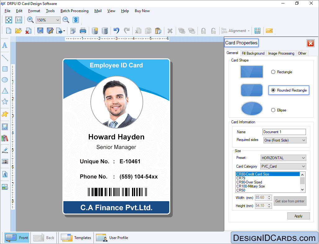 Designed id card Properties Designed id card Properties